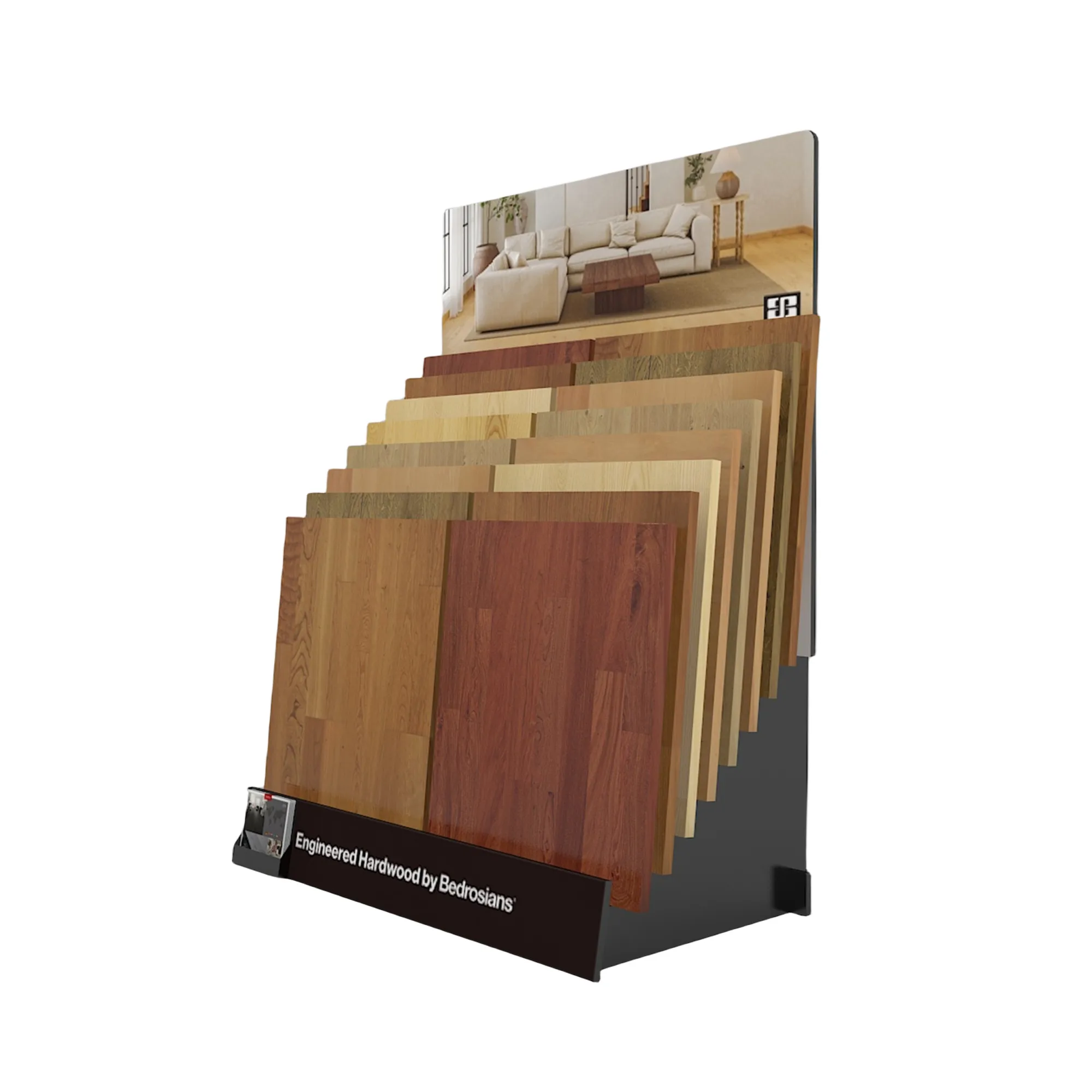 Provide Custom Design 1500 mm Wide Black Double-row Wood Floor Vinyl Sample Board Display Stand With Acrylic Brochure Holder