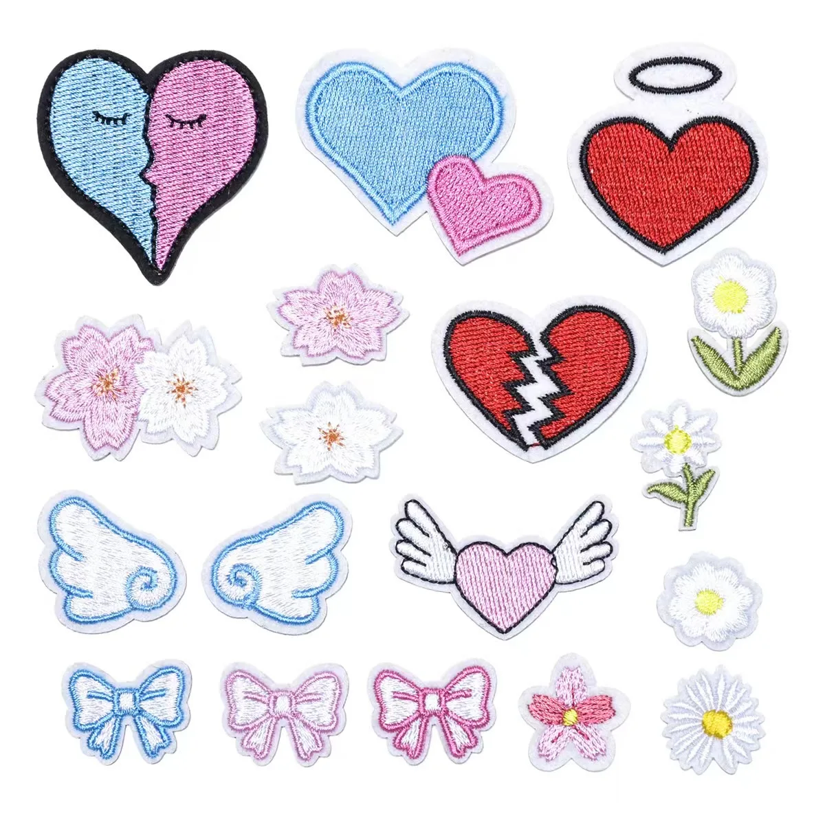 Hot selling in stock cartoon love wings computer embroidery cloth sticker self-adhesive iron on back decorative patch sticker