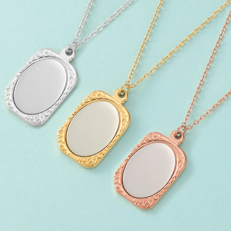 Stainless Steel Engraved Custom Mirror Surface Photo Frame Necklace Vintage Jewelry Square Mirror Surface Pendant Necklace