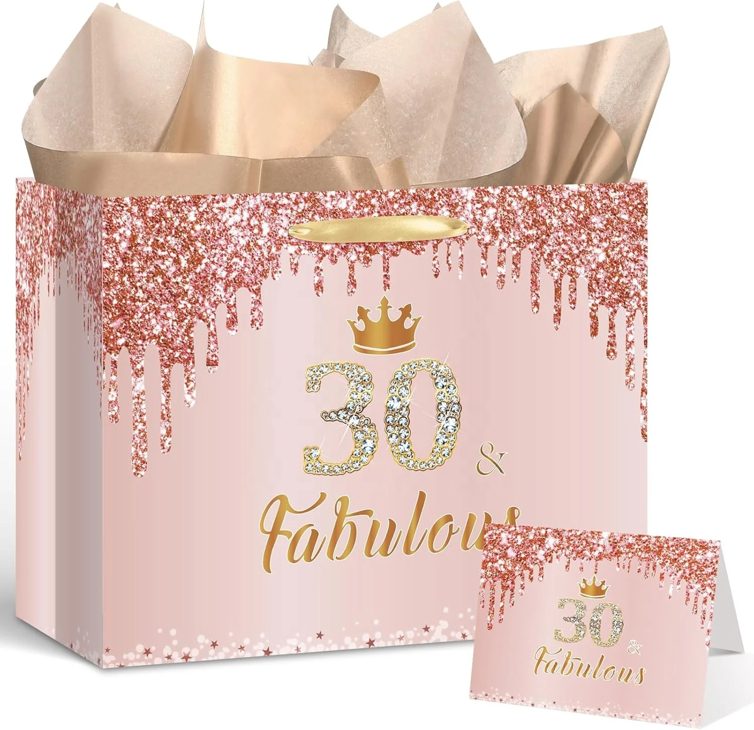 Rose Gold 30 & Fabulous 30th Birthday Gift Bag for Women Large Pink Luxury gift paper bags with ribbon and cards