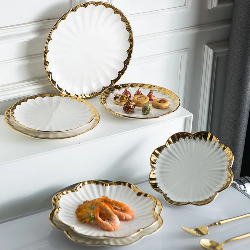 Wholesale European style gold-plated ceramic tableware western dessert plate Germany dinnerware porcelain wedding plates sets