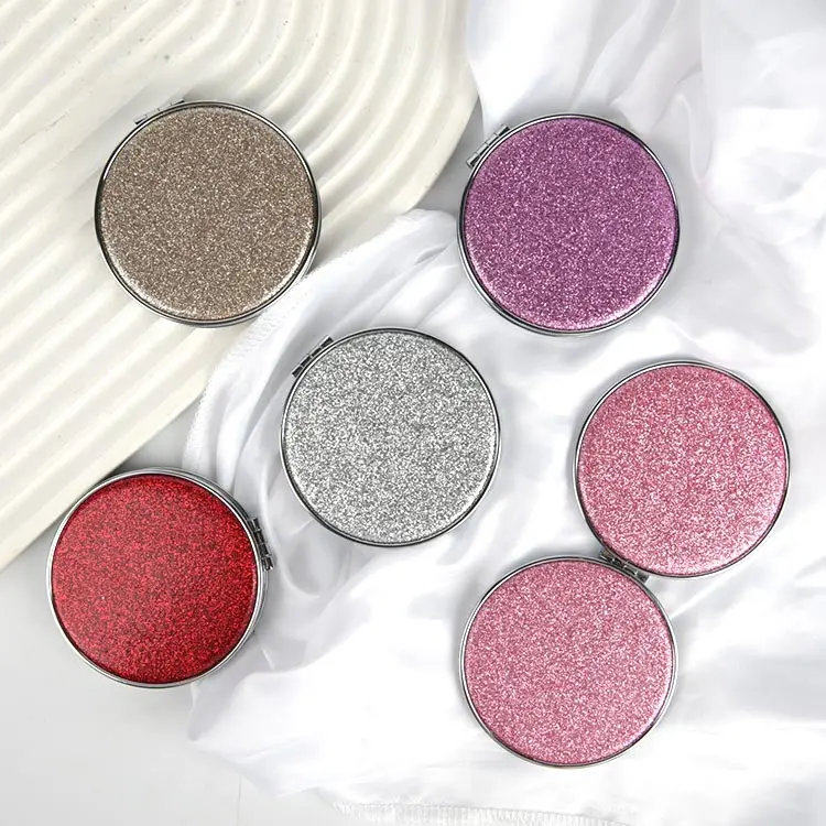 2X/1X Magnifying Travel Makeup Silver Crystal Diamond Double-Sided Folding Vanity Cosmetic Mirror With Glitter