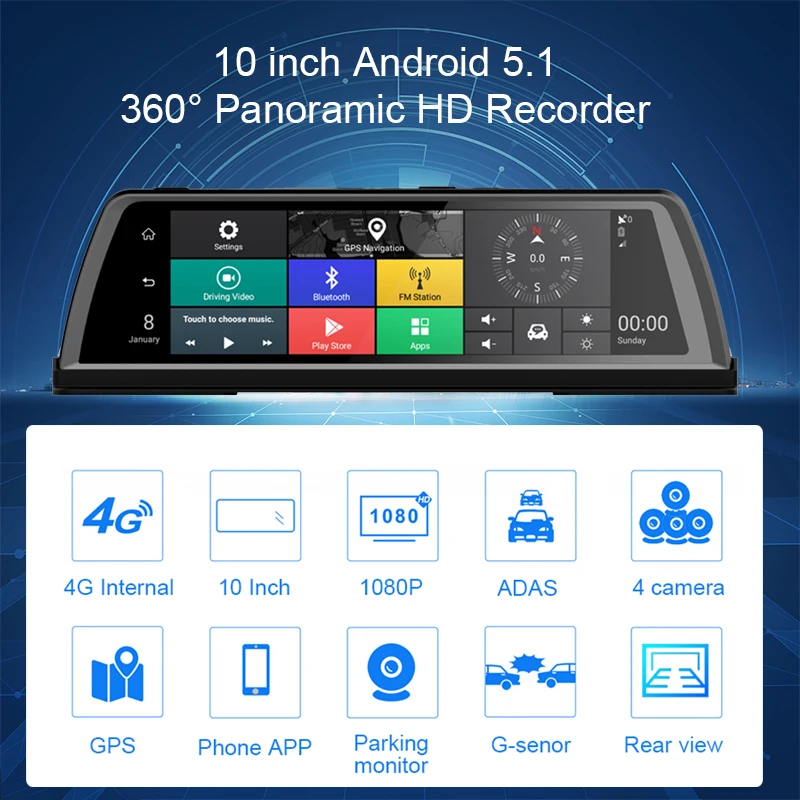 4G Android Car DVR Dash cam 4 Lens 10 inch Navigation ADAS GPS WiFi Full HD 1080P Video Recorder 2GB+32GB Vehicle Camera