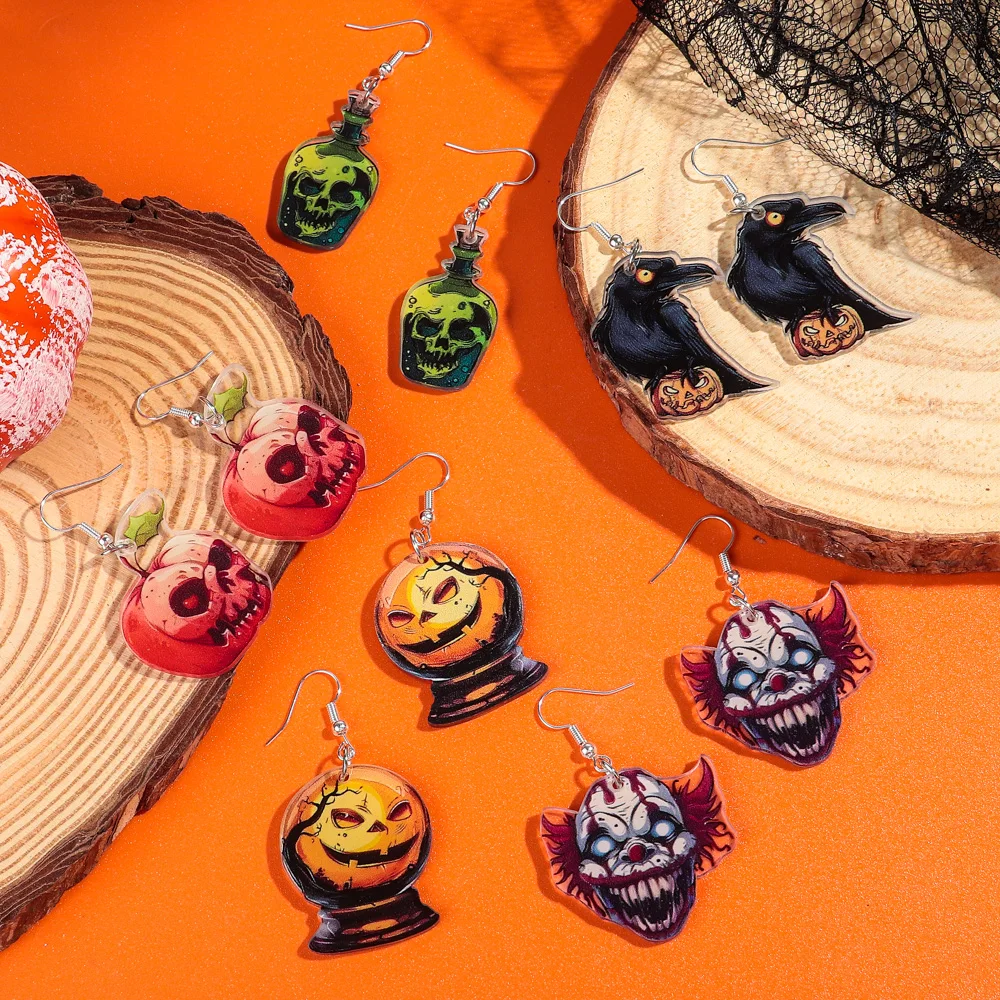 Gothic 2024 Horror Halloween Theme Party Skull Bottle Eagle Pumpkin Crystal Ball Apple Clown Customized Acrylic Dangle Earrings