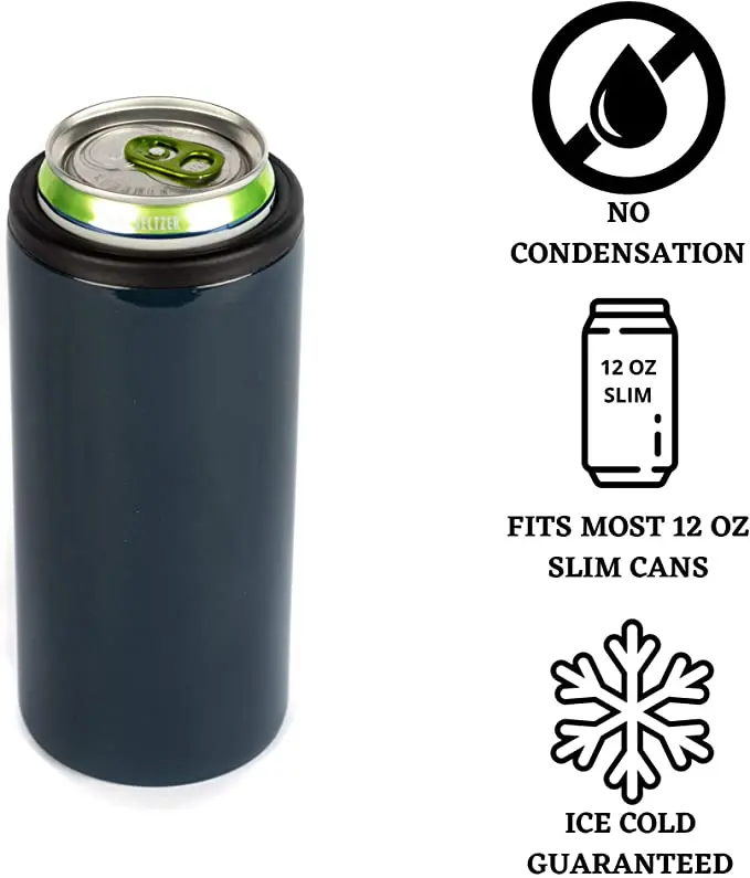 Hot in Amazon 12 oz Double Wall 304 Stainless Steel Insulated Vacuum Skinny Slim Beer Can Soda Cooler Holder with lid