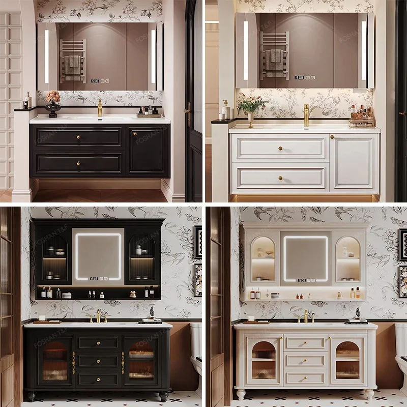 American Vintage Style Wall Mount Floating Luxury Hotel Bathroom Cabinet Vanities Set With Drawers And Mirror