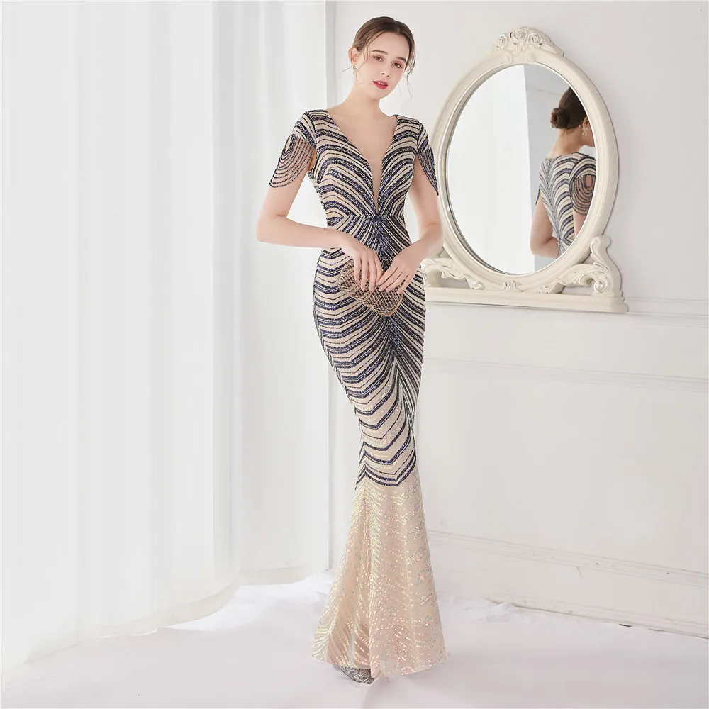 New Arrival Gold Black Deep V-neck Sweet Long Bride Party Sleeveless Sequins Prom Dresses Floor-length Evening Dress