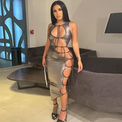 High Quality Women O Neck Sleeveless Sexy Hollow Out Lace Up Midi Dress Women Clothing Summer