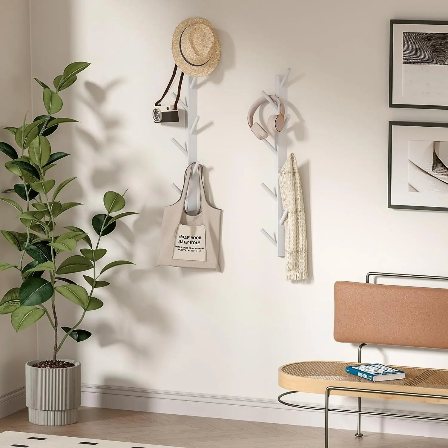202412 Wood Wall Mounted Coat Hooks Vertical Coats Rack Holder Hanger with 8 Hooks Entryway Hanging Wooden Racks for Jacket Coat