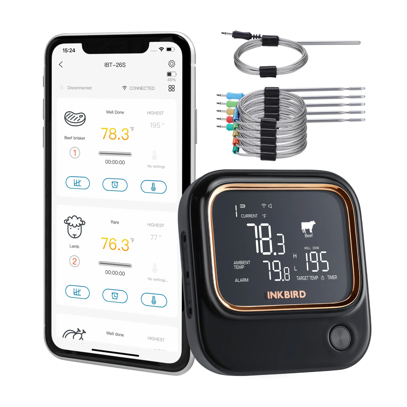 INKBIRD IBT-26S BluetoEth Wi-Fi термометр для барбекю с 6 зондами пищевых продуктов Управление приложениями предустановки мяса USDA