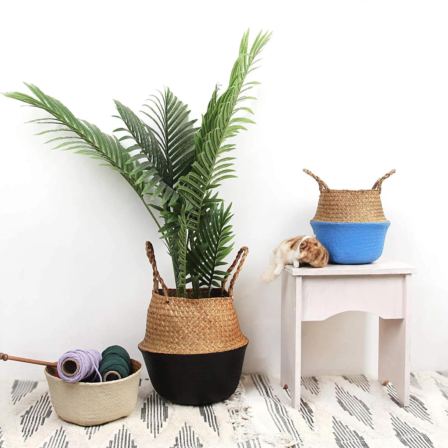 Large capacity rattan baskrt Woven Seagrass Belly Basket for Storage Laundry Picnic Plant Pot Cover and Grocery and Toy Storage