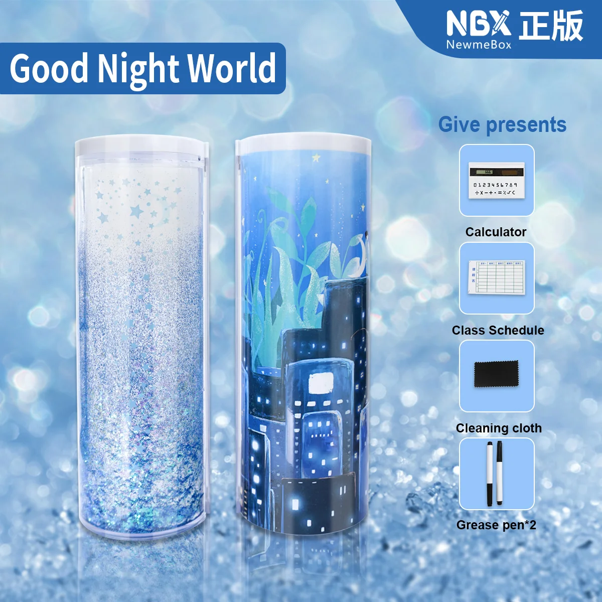 
NBX Blue Cartoon Pencil Case Large Capacity Creative Glitter Quicksand Pencil Box With Calculator And Mirror Stationery Box 