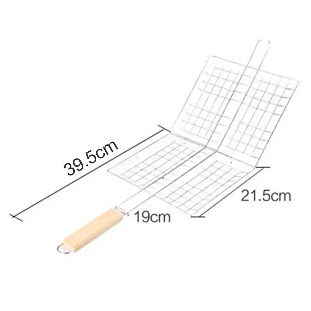 Wire BBQ Net Barbecue Grilling Basket BBQ Net Wooden Handle Meat Fish Clip Holder Durable Barbecue Supply Camp