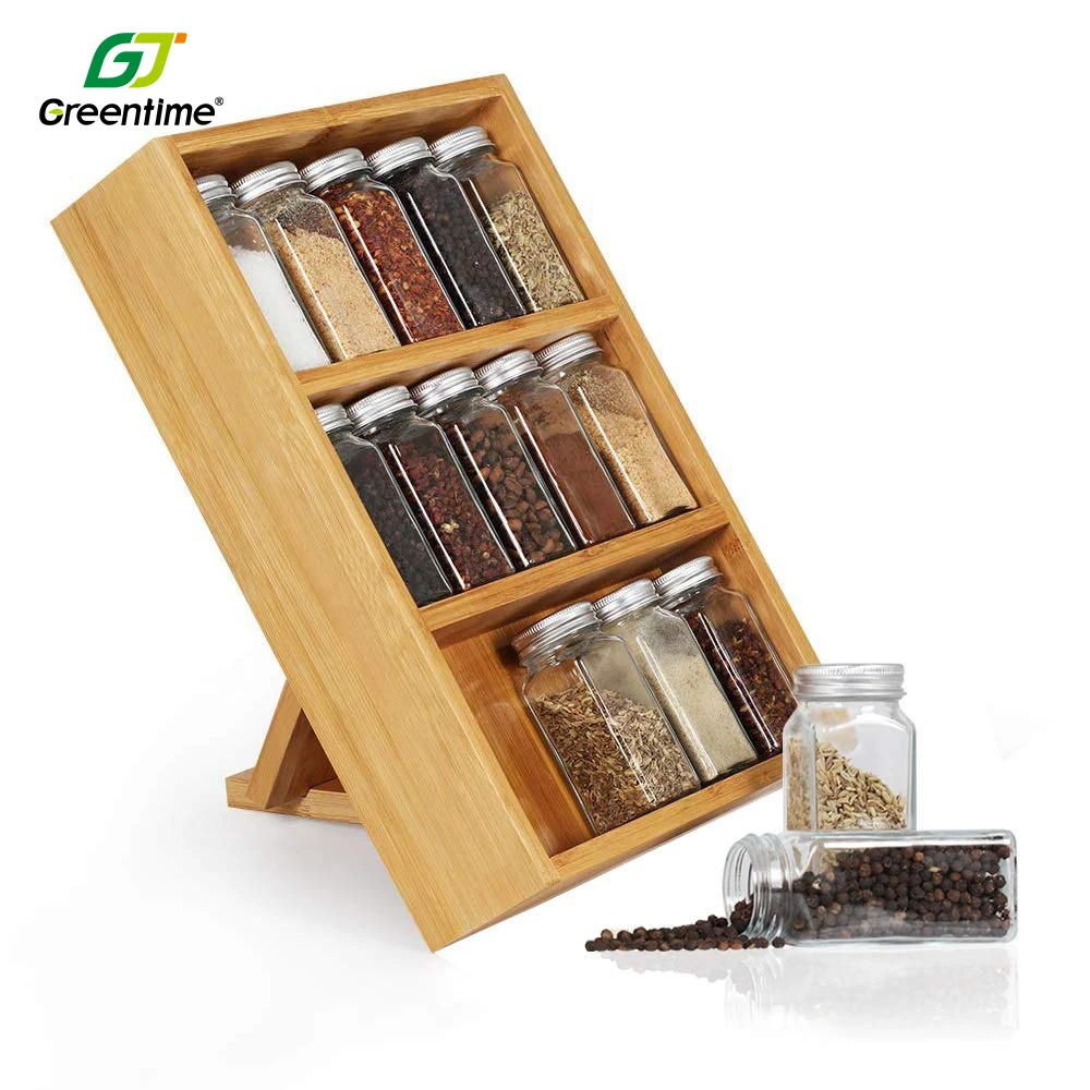 Wooden Herb Spice Shelf Foldable Leg Kitchen Bamboo 3 tier Expandable Spice Organizer Rack For Spice Jars