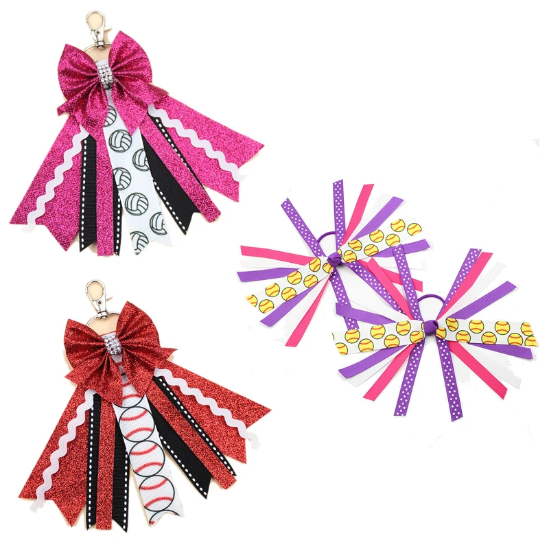Game Day Football Baseball Bows Bag Charm Decoration Pin Me Ribbon Keychain Hair Accessories for Girls Women