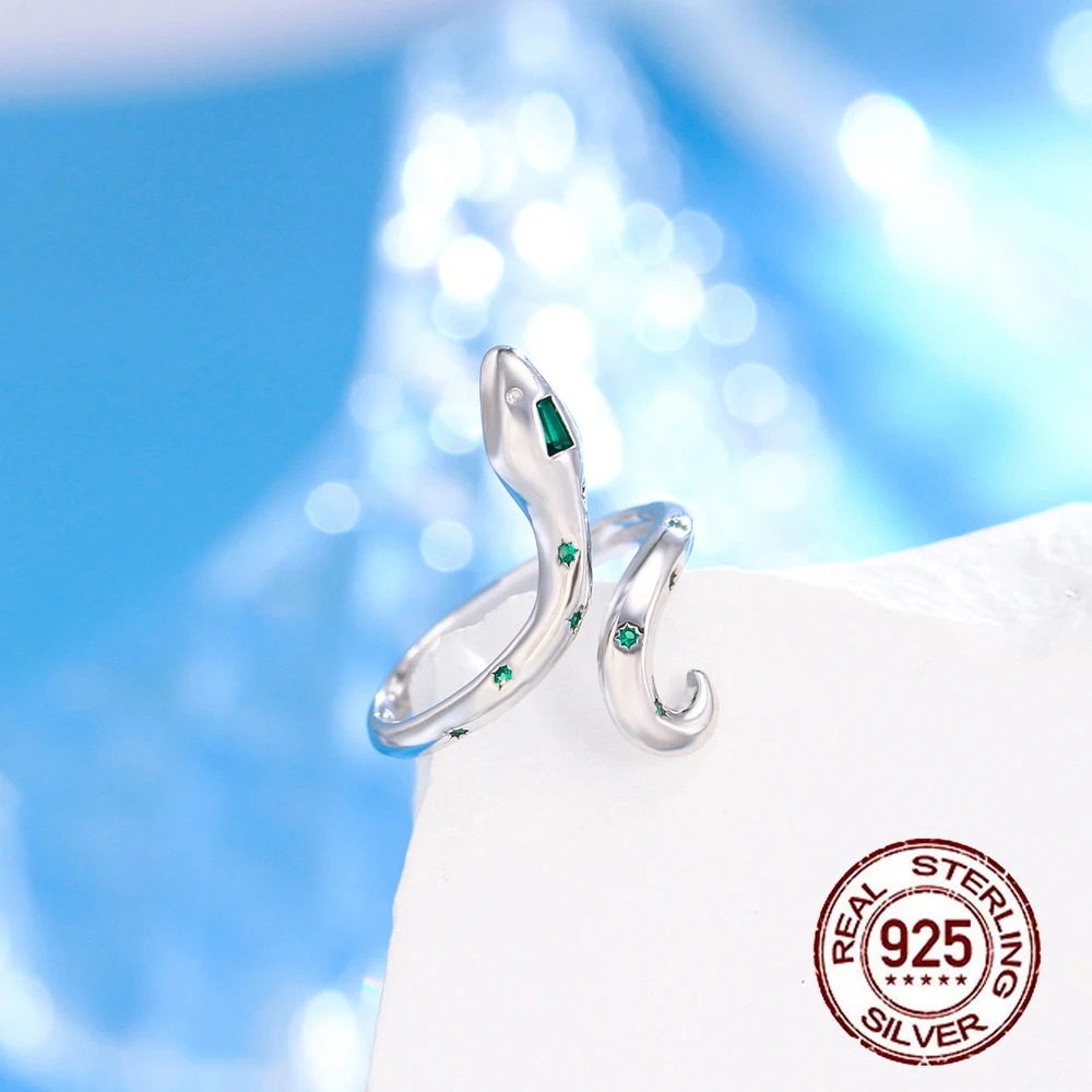 Fashion Design Cubic Zirconia Diamond 925 Sterling Silver Snake Ring Woman Bulk Resizable Ope Size Thin Snake Rings for Lady