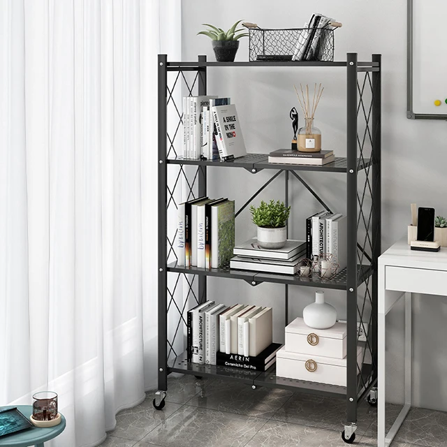 4-Tier Foldable Storage Shelves, Wide Folding Metal Shelf with Caster Wheels for Garage Kitchen Home Closet Office, Shelves
