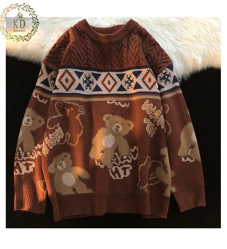 KD Small Bear Tops Oversize Men High Street Knitting Sweater Tops Autumn Pullover Loose Harajuku Kawaii Women Couple Sweaters