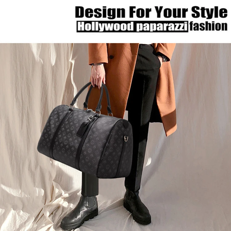 Custom Brand Logo Printed Black Zipper Luggage Travel Bags Checkered Vintage Weekender Luxury Men Women Hand Leather Duffle Bag