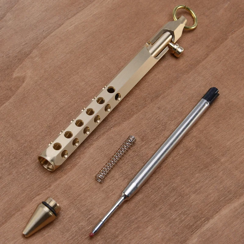 2023 Vintage solid brass hexagonal shaped bolt action ballpen bronze brushed treatment holes EDC pocket Metal Pens for gifts