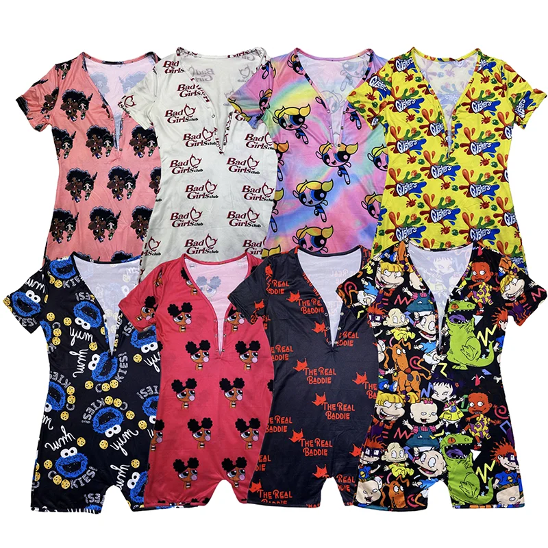 RTS 2022 NEW Cute Cartoon Ladies Women Sleepwear Short Sleeves Rugrats Female Bodycon Onesie Romper Bodysuits Pajamas For Women