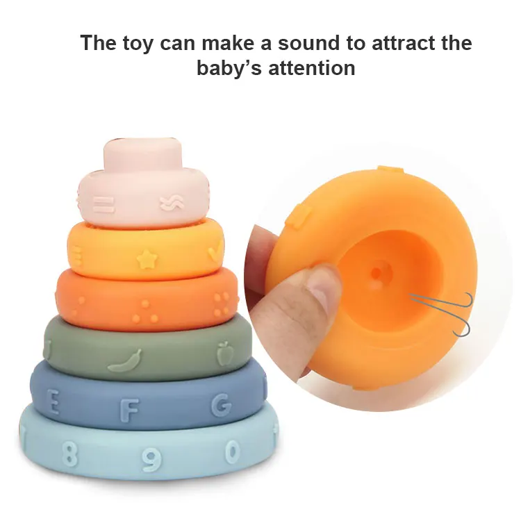 6 Pcs Early Educational Toys Practice Grab BPA Free Blocks Christmas Gift Relief Soft Stacking RingsToy Silicone Teether