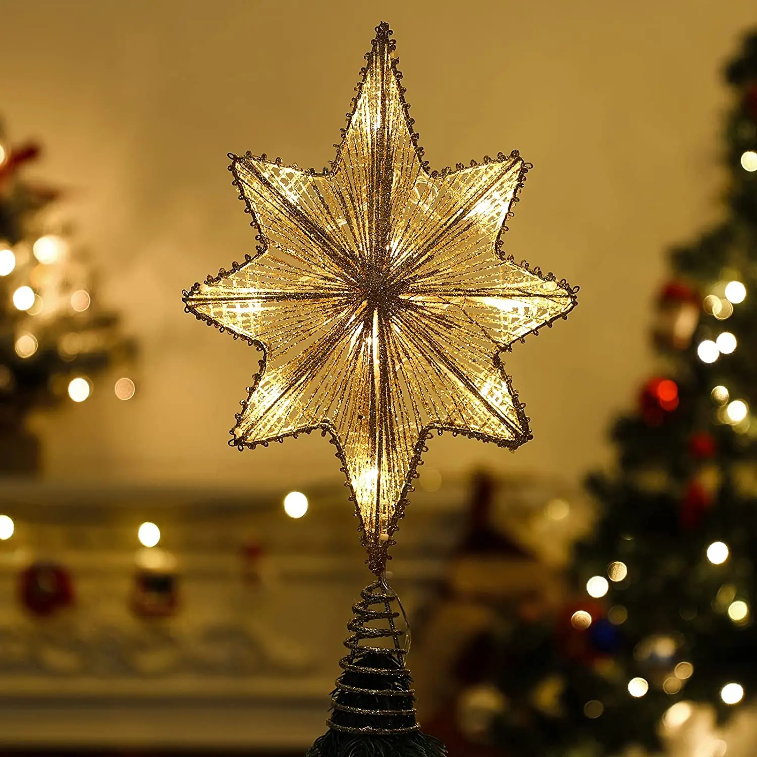 Lewondr Large Size Anise Star Christmas Tree Topper, Battery Powered Star Shape Upper Decor Xmas Ornament, Champagne Gold
