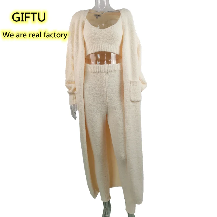 Available women knitted sweater sets Sweater cardigan Robe Knitted Long Pants Crop Tops High Quality 3 pieces set
