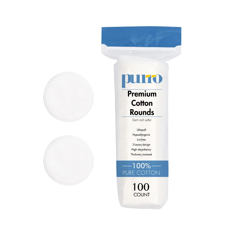 PURRO Amazon Hot Sales Disposable Hypoallergenic Skin-friendly 100% Natural Organic Cotton Rounds Face Cleansing Pads