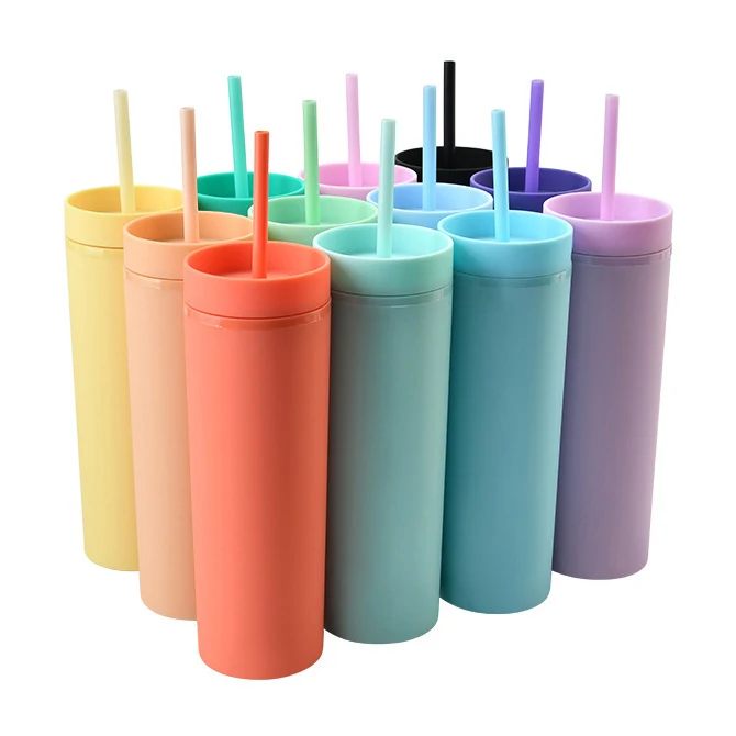 USA warehouse 16oz reusable plastic cup double wall matte acrylic skinny tumbler with lids and straws