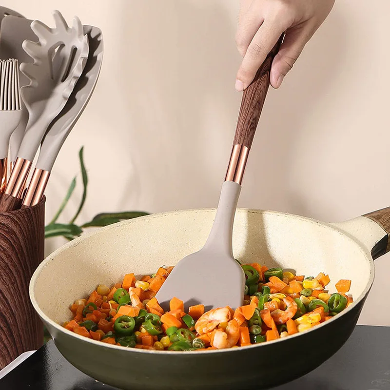 11 PCS Wooden Handle Ins Silicone Spoon Spatula Turner Tongs Kitchen Gadgets Utensil Set for Nonstick Cookware