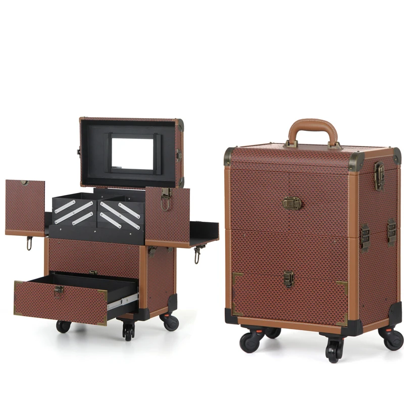 Customized metal logo plate perlage pattern multi layer tray trolley makeup beauty case on wheels with drawer and mirror