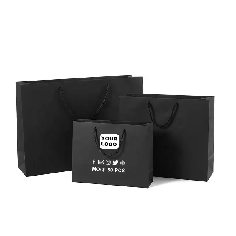 Personalized Stamping Logo Boutique Shopping Bag Custom Printed Brand Paper Black Bags