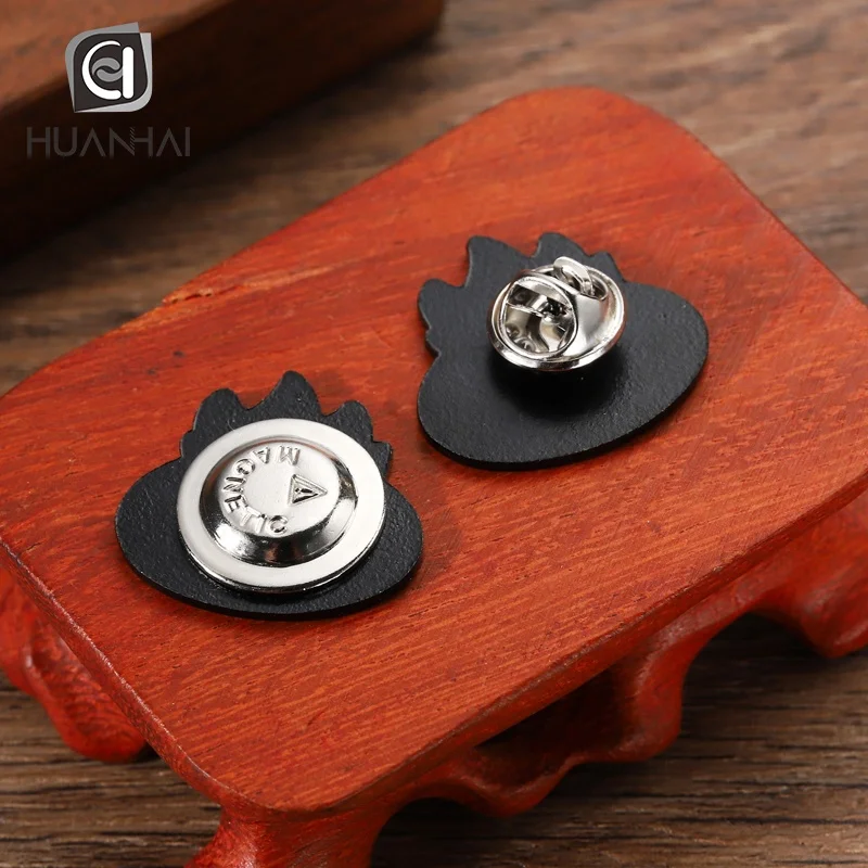 custom black metal fire logo soft enamel magnetic badge pin