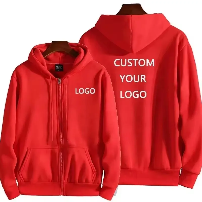 Custom Logo Embroidery Print Men Women With Zipper Jacket Coat Hooded Hoods Sweatshirt Long-Sleeved Pullover Solid Color Hoodie
