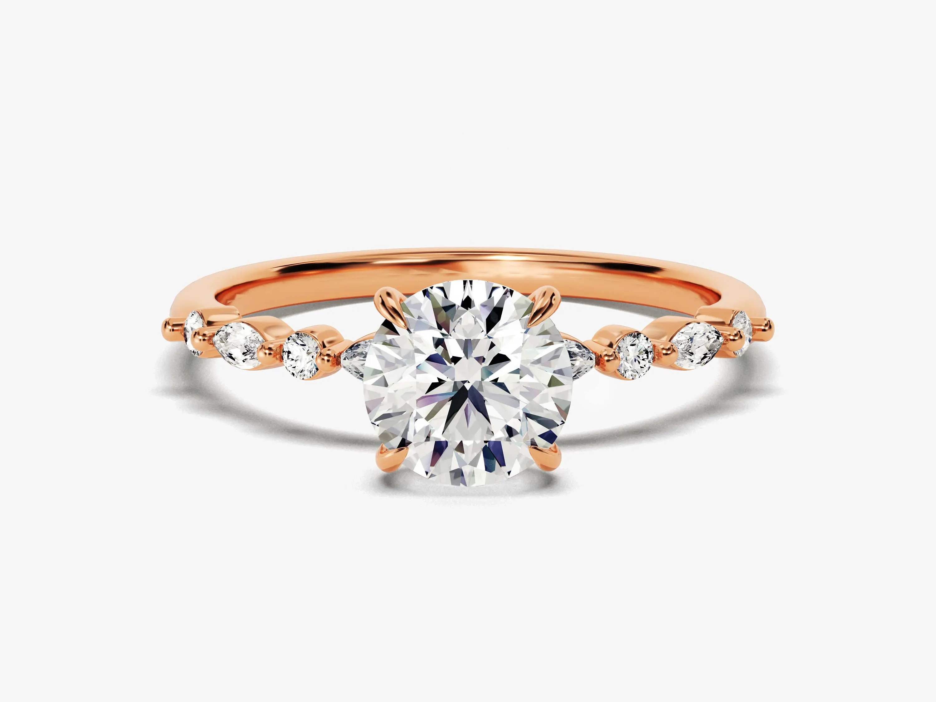 Round and Marquise Sidestones Engagement Ring 14k 18k Solid Gold Lab Diamond Ring Promise Ring