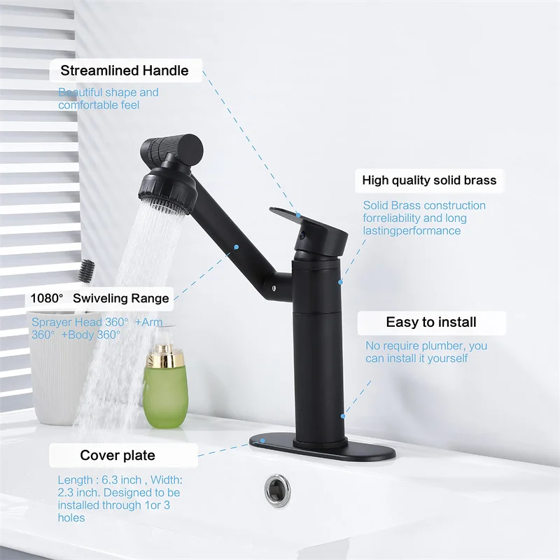 1 or 3 Hole Matte Black Lavatory Faucet 360 Degree Swivel Sink Faucet for Bathroom Single Handle Bathroom Basin Faucet