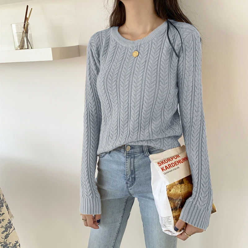 2021 new arrival woman tops fashionable crew neck long sleeve cable pullover vintage knit sweater
