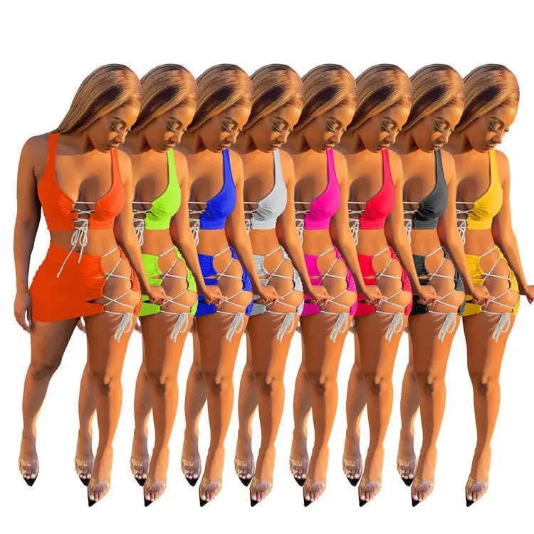 2022 Summer solid knitted sleeveless dresses women sexy two piece set beach wear fashion women