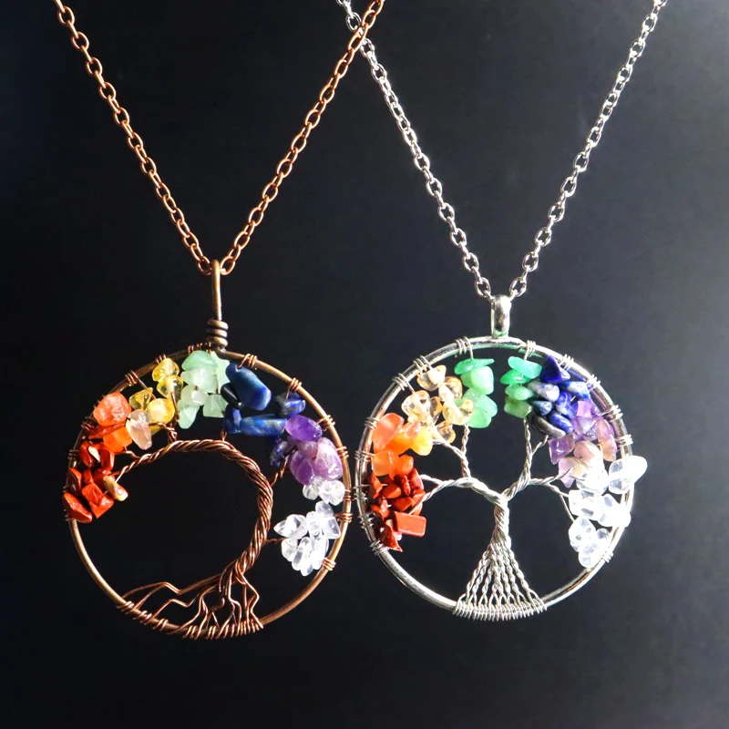 High Quality Handmade Braided Copper Wire 7 Chakra Natural Stone Beads Tree Of Life Pendant Necklace Jewelry For Women