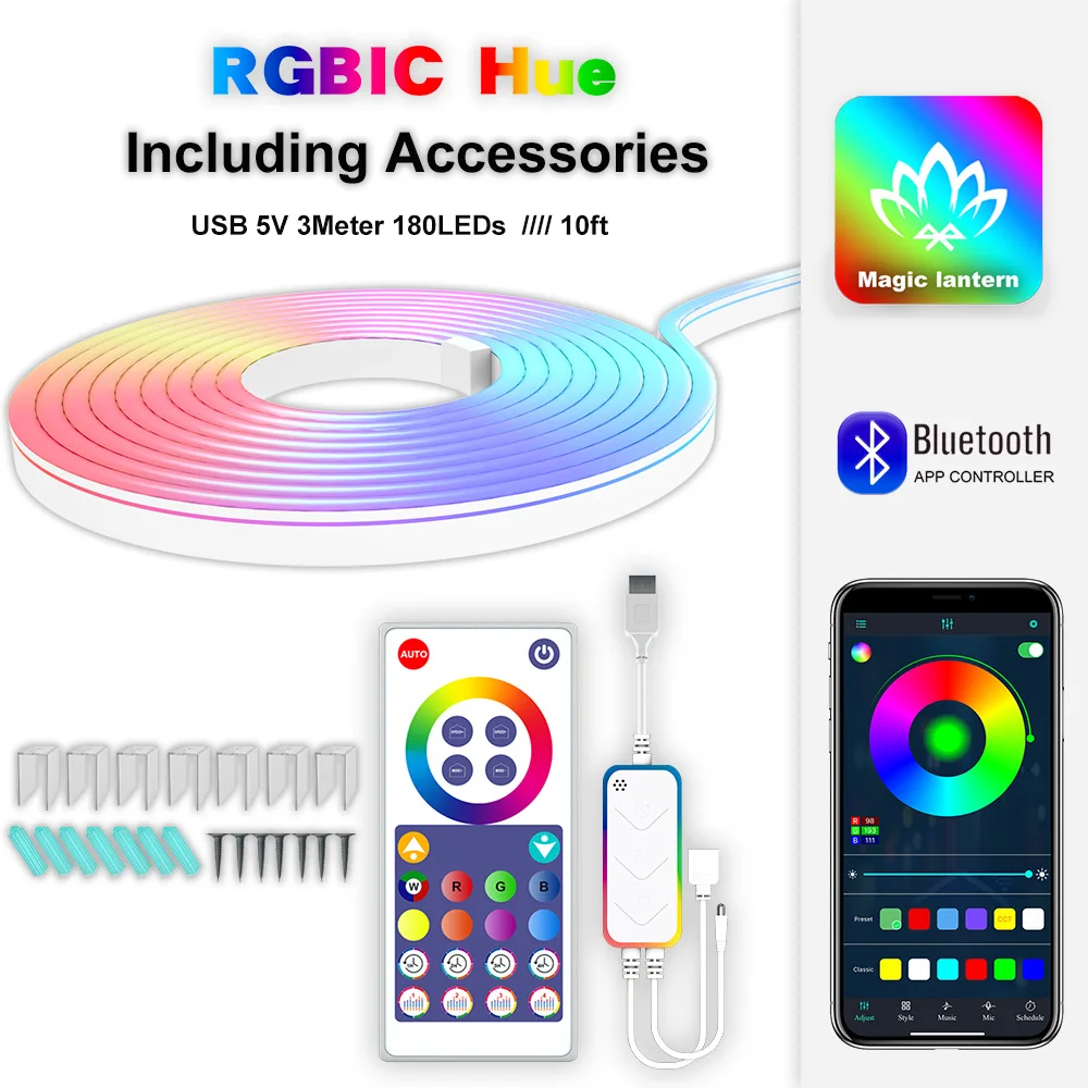 RGB Led Neon Rope Light Waterproof Music Atmosphere Lights Smart Control 3m Led Neon Strip Light