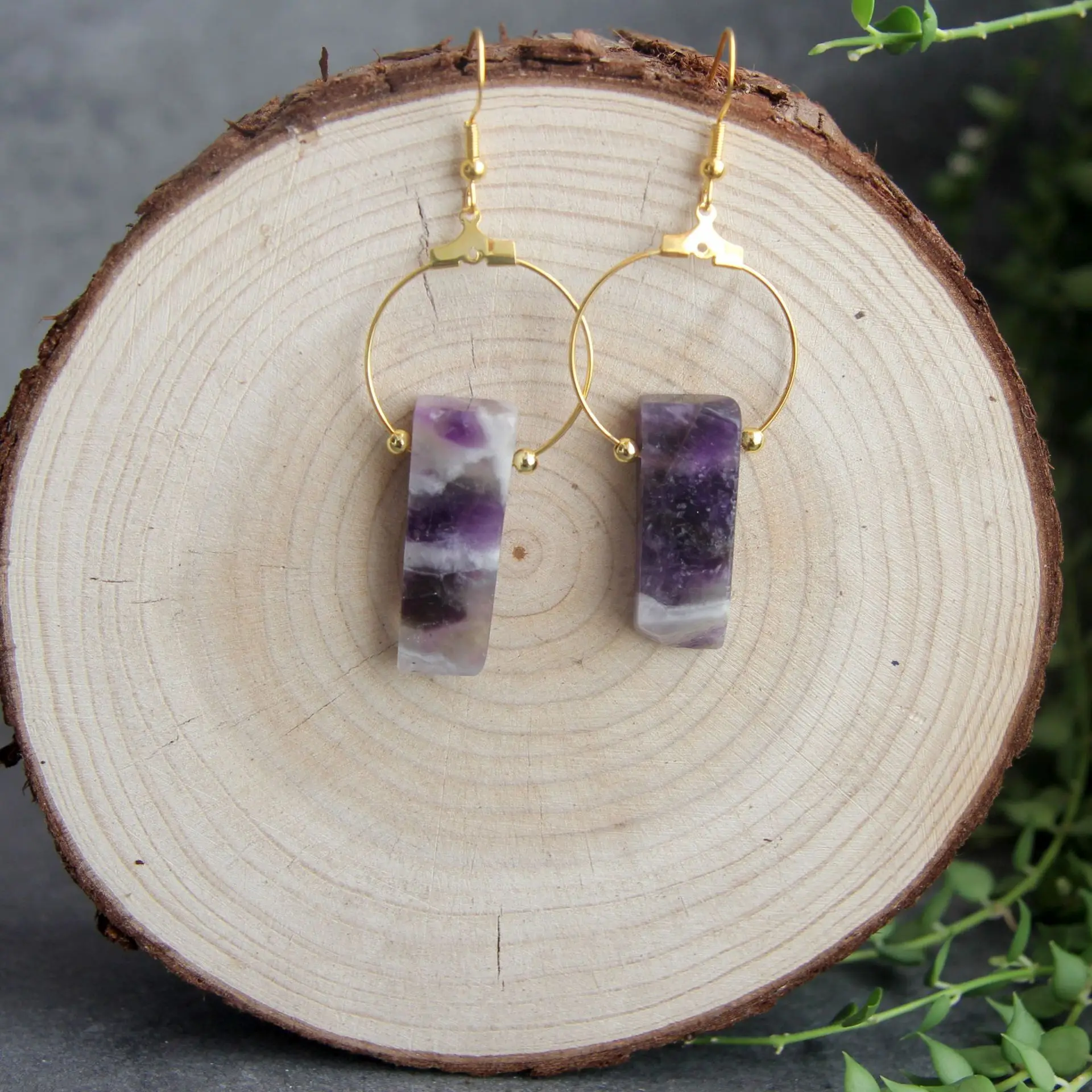 YICAI Boho Gemstone Crystal Pendant Hoop Earrings Amethyst Clear Crystal Quartz Rectangular Stone Hook Earring Raw Crystal