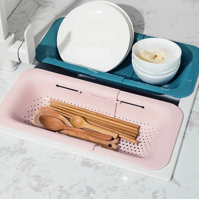 Foldable Dishes Drying Rack Shelf Sink Drain Basket Collapsible Colander Kitchen Extendable Strainer Bathroom Storage