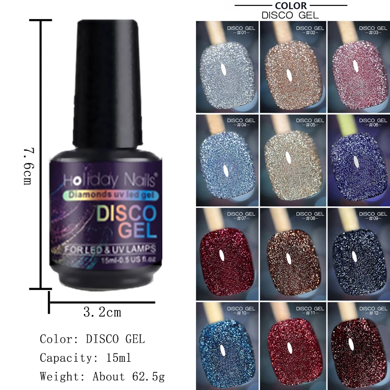 12 colours Diamonds Led Lamp Gel Uv Gel Refflective Diamond Flashing Disco Gel Nail Polish