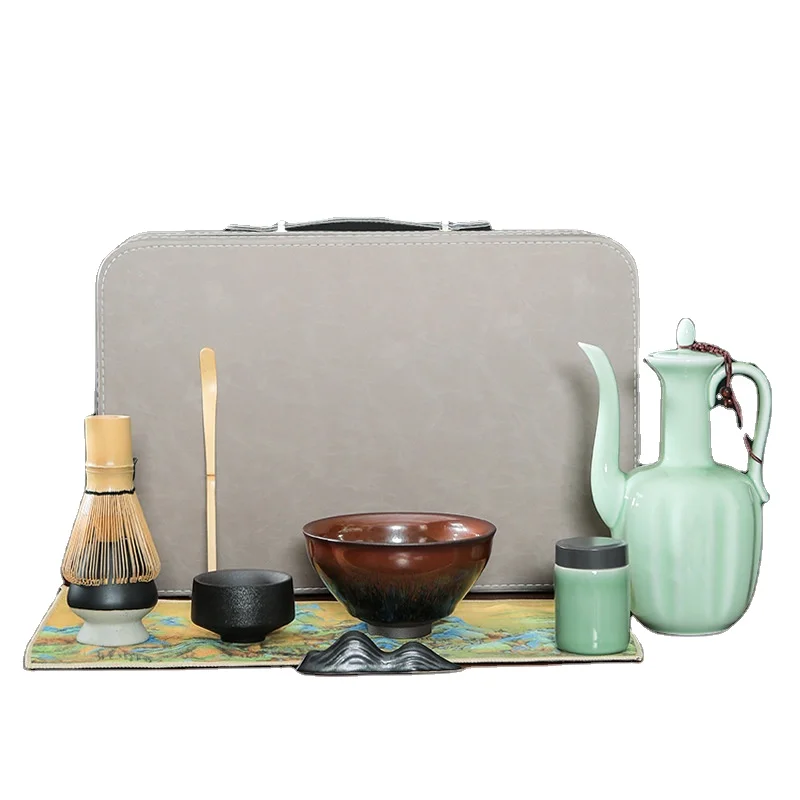 Ceramic Matcha Set with Filter Jat Pot Bamboo Whisk Stand Ceramic Bowl Cup Spoon Holder Kit Tools Gift Box