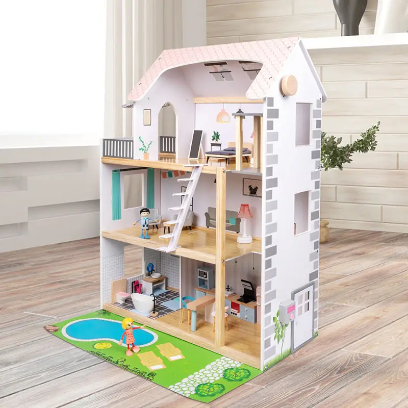 Pretend Role Play Diy Educational Toy Kids Wooden Doll House Villa With Doll Room