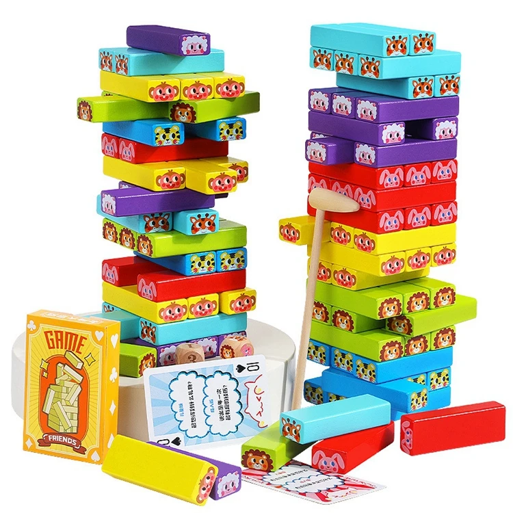 QINGTANG Wooden Stacking Building Blocks Wooden Stacking Board Games Building Blocks for Kids