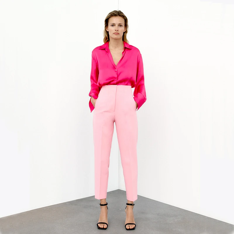 New Design Custom Comfortable Casual Pure Color Front Welt Pockets High-Waist Cigarette Pants For Women