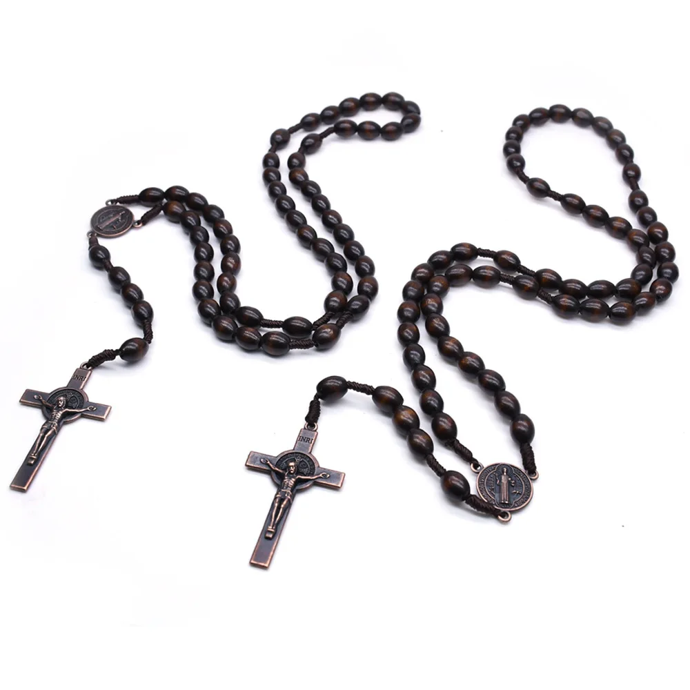 Cross Braided Dark Brown Rice Beads Wood Rosary Necklace Gold Catholicism Gift Religious Prayer Beads