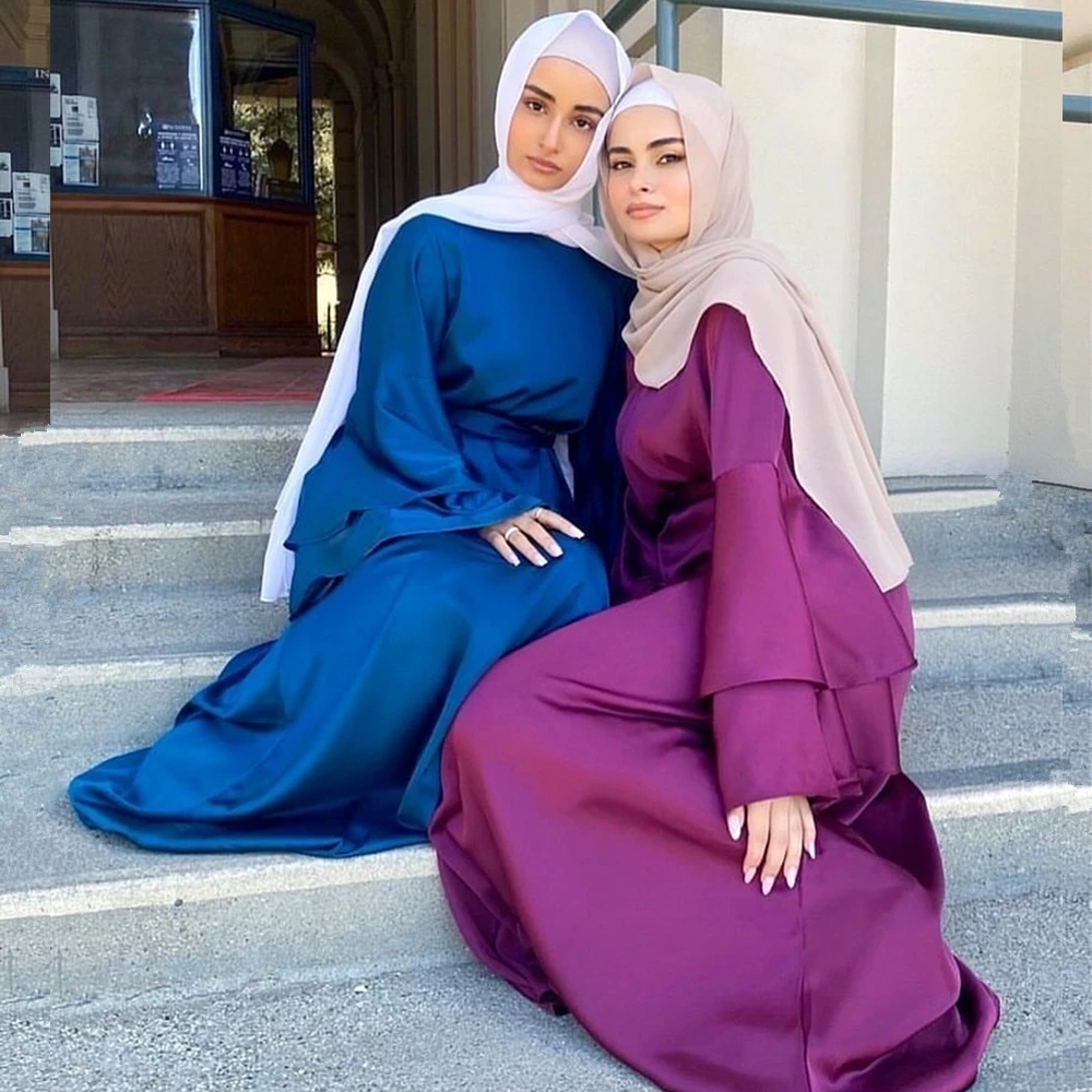 Traditional Muslim clothing Modest dress Turkish abaya solid color flare sleeves satin slik robe women abaya Arabian dress